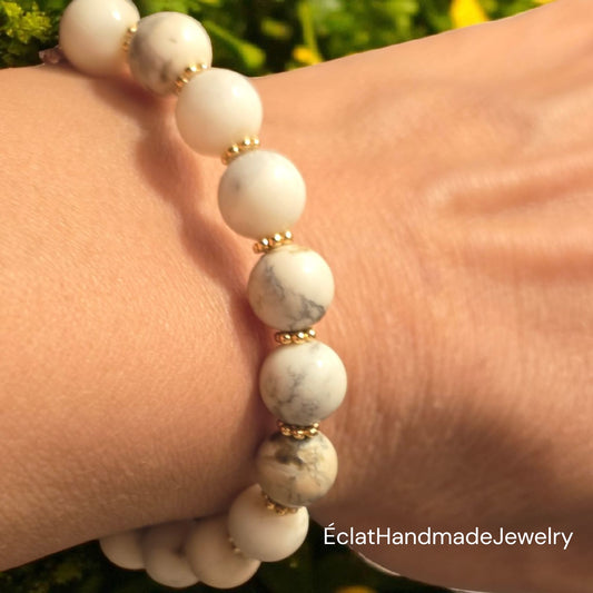 Magnesite Healing Stone Bracelet, 14k Gold-Plated Bracelet, Daisy Spacer Bracelet