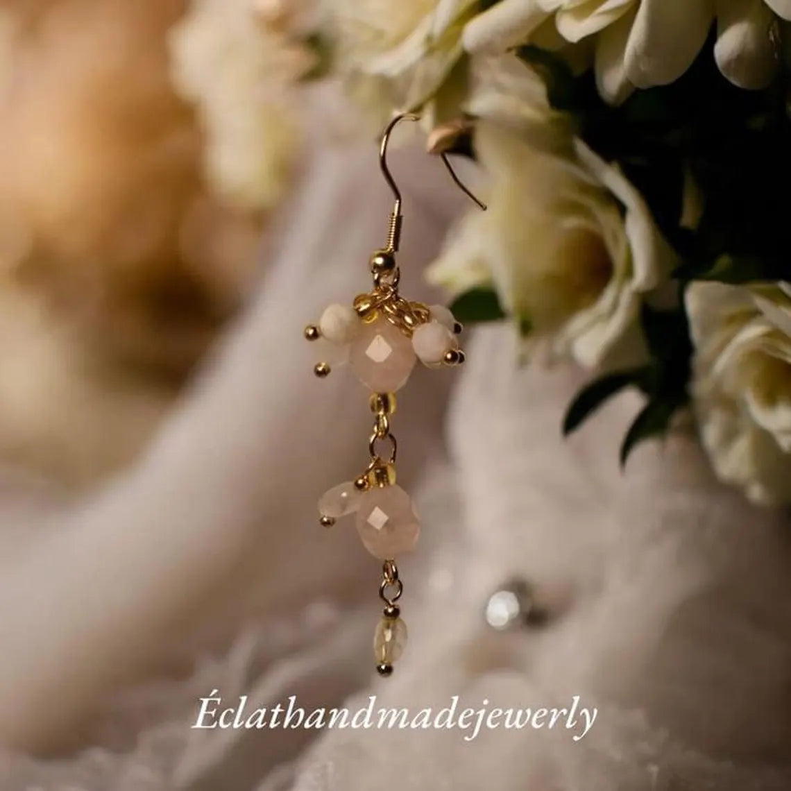 Rose Quartz and Moonstone Earrings, Gemstone Earrings, Cluster Earrings, Gold Dangle Earrings, Bridal Earrings, Wedding Earrings for Her