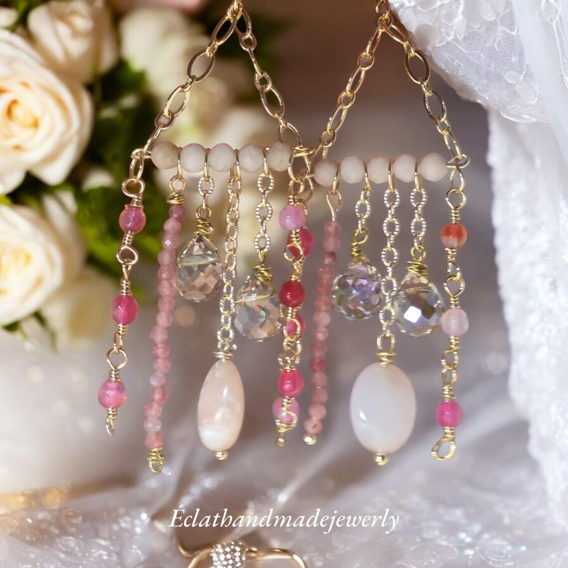 Rose Quartz and Pink Chandelier Earrings, Gemstone Earrings, Natural Beaded Earrings, Bridal Earrings for Her, Wedding Earrings for Women