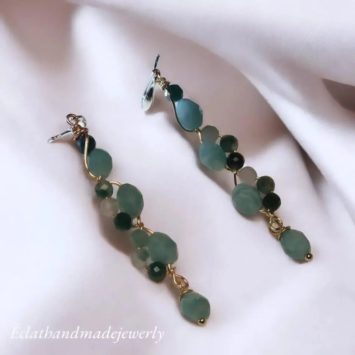 Blue Amazonite Earrings, 14k Gold Dangle Earrings, Tourmaline Jade Earrings, Gemstone Earrings, Multi Stone Earrings, Bridal Earrings