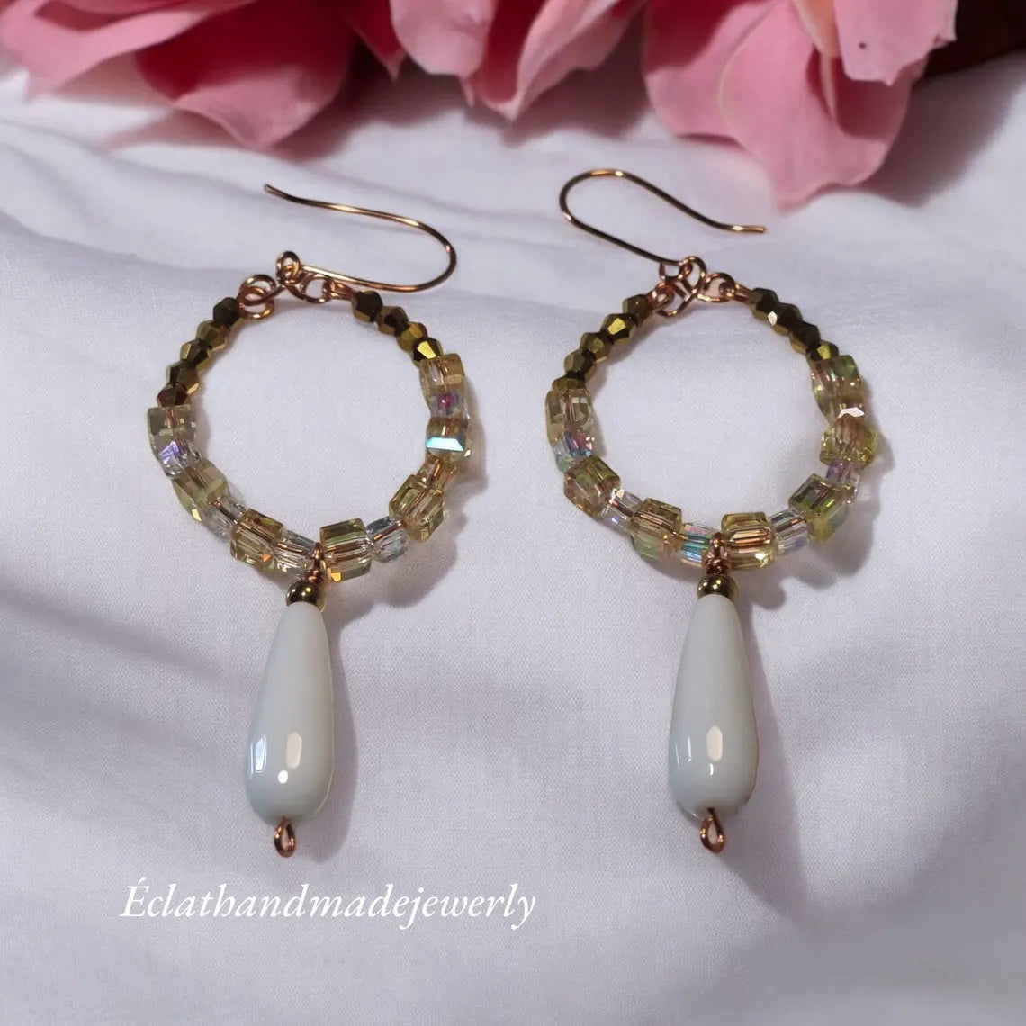 White Jade Teardrop Earrings, Dangle Drop Earrings, Crystal Cube Earrings, Hoop Earrings for Women, Bridal Earrings, Gemstone Jewelry