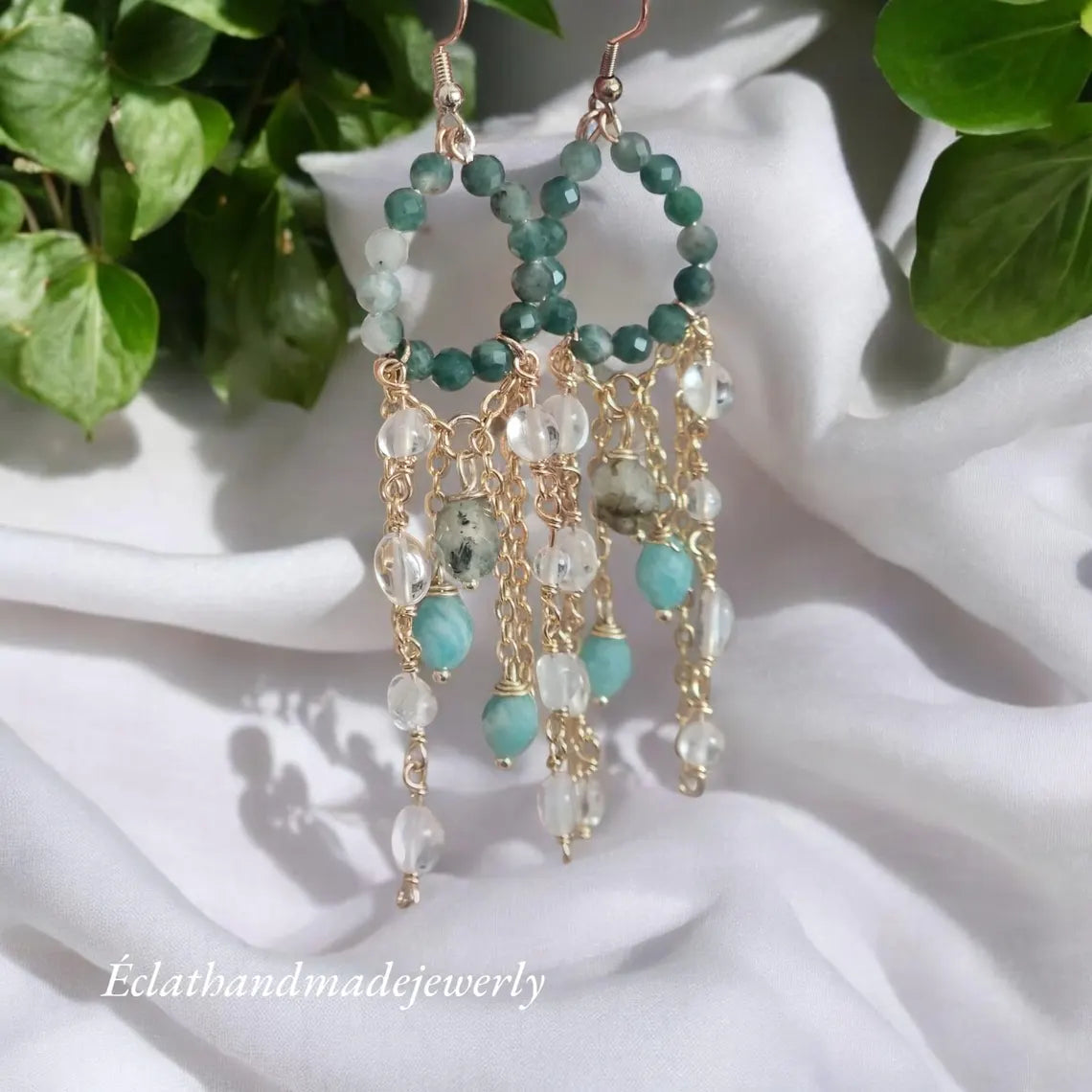 Blue Amazonite Cluster Earrings with Tourmaline African Jade Earrings, Gemstone Earrings, Long Dangle Earrings, 14k Gold Earrings for Women