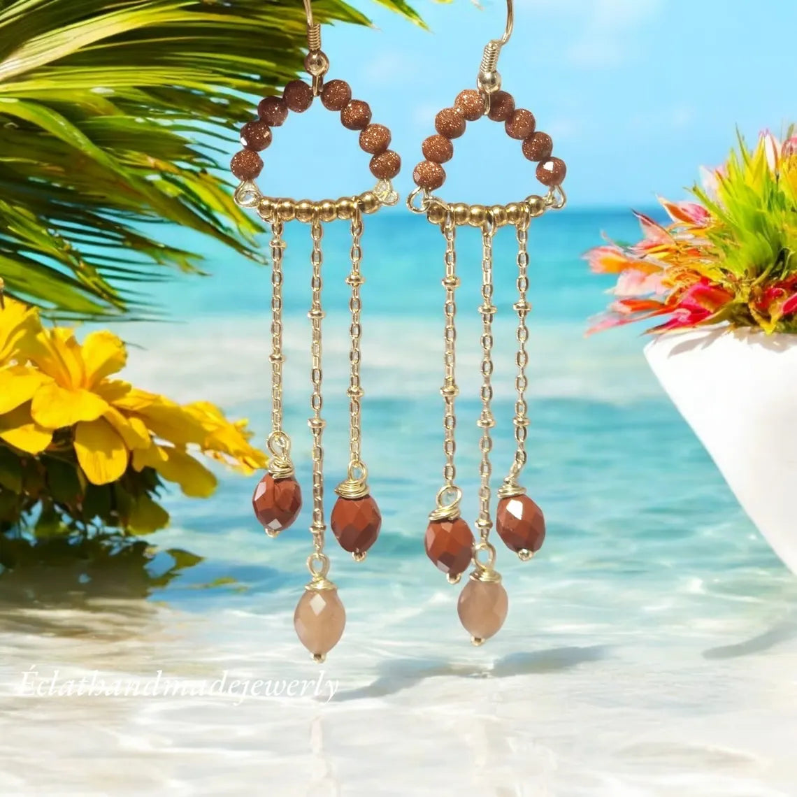 Tourmaline Brown Dangle Earrings, Tourmaline Hoop Earrings, Gemstone Earrings, 14k Gold Plated Dangle Earrings, October Birthstone Gifts