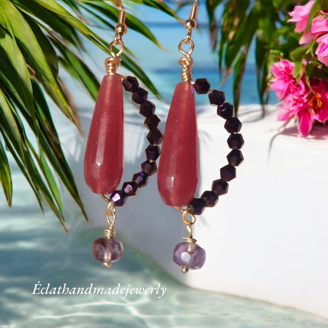 Smoky Rose Quartz Jade Burgundy Earrings, Amethyst Purple Earrings, Gemstone Earrings, Bridal Earrings, Anniversary Earrings for Her