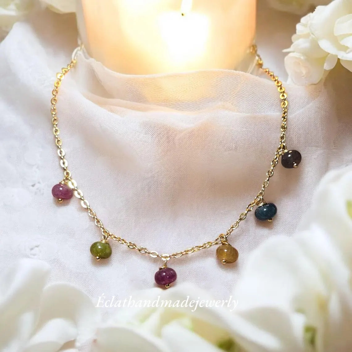 Tourmaline Necklace, Gemstone Jewelry Set, 14k Gold Plated Necklace, Layering Necklace, Natural Gemstone Earrings