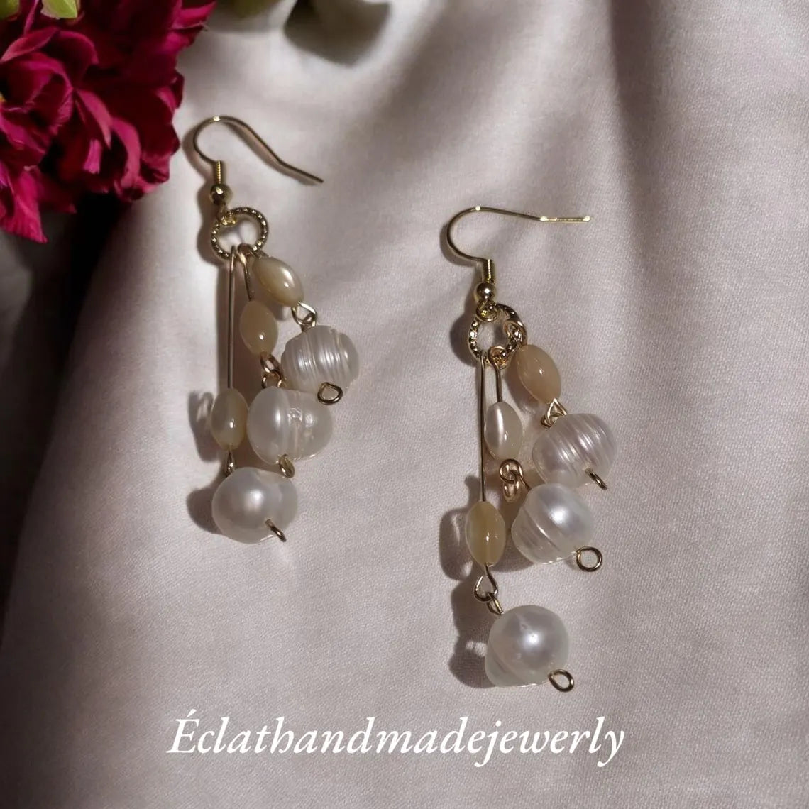 Freshwater Pearl Dangle Earrings, White Mother of Pearl Waterfall Earrings, Gemstone Earrings, Bridal Earrings, Wedding Earrings for Her