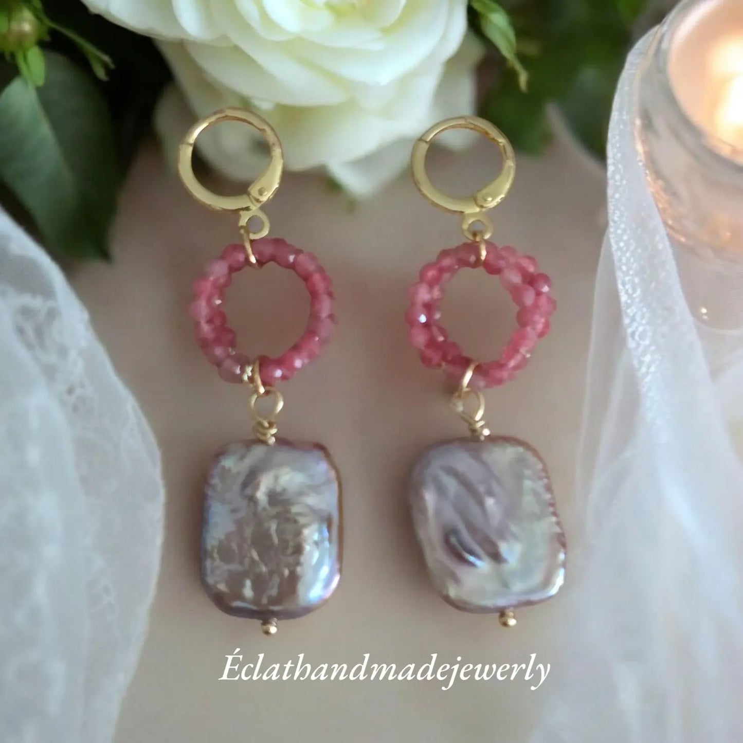 Natural Freshwater Pearl and Mother of Pearl Earrings, Pink Tourmaline Earrings, Gemstone Earrings, Bridal Earrings, Earrings for Women