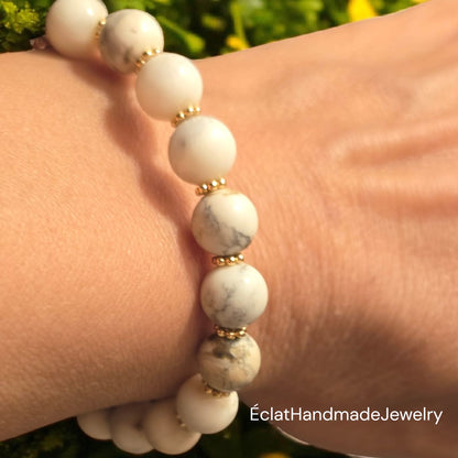 Magnesite Healing Stone Bracelet, 14k Gold-Plated Bracelet, Daisy Spacer Bracelet
