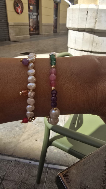 Freshwater Pearl Bracelet with Amerryt, Rose Quartz & Green Aventurine, 14k Gold-Plated Bracelet