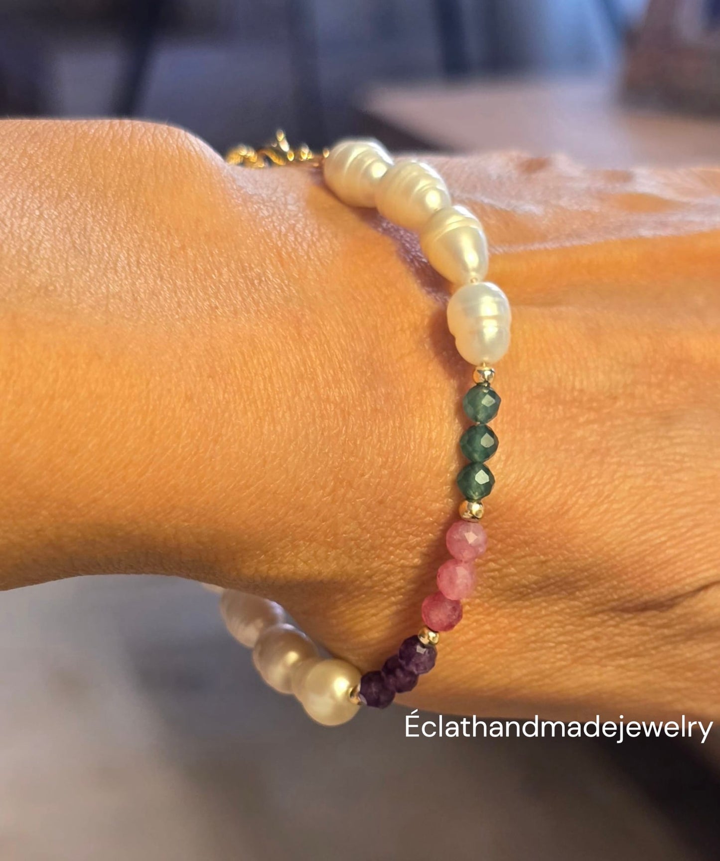Freshwater Pearl Bracelet with Amerryt, Rose Quartz & Green Aventurine, 14k Gold-Plated Bracelet