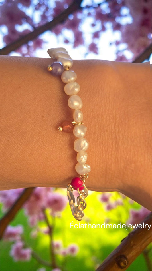 14k Gold-Plated Pearl Bracelet with Colorful Gemstone, Freshwater Pearl Bracelet, Gemstone Bracelet, 14K Gold-Plated