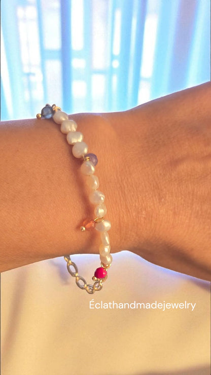 14k Gold-Plated Pearl Bracelet with Colorful Gemstone, Freshwater Pearl Bracelet, Gemstone Bracelet, 14K Gold-Plated