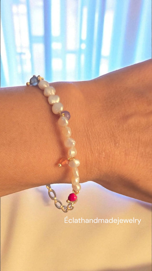 14k Gold-Plated Pearl Bracelet with Colorful Gemstone, Freshwater Pearl Bracelet, Gemstone Bracelet, 14K Gold-Plated