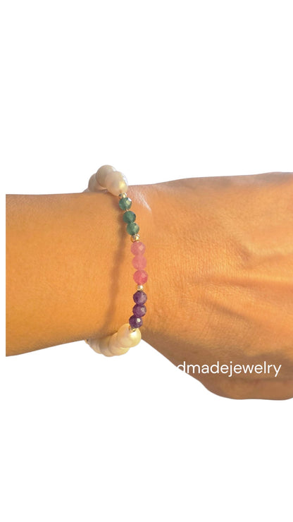 Freshwater Pearl Bracelet with Amerryt, Rose Quartz & Green Aventurine, 14k Gold-Plated Bracelet