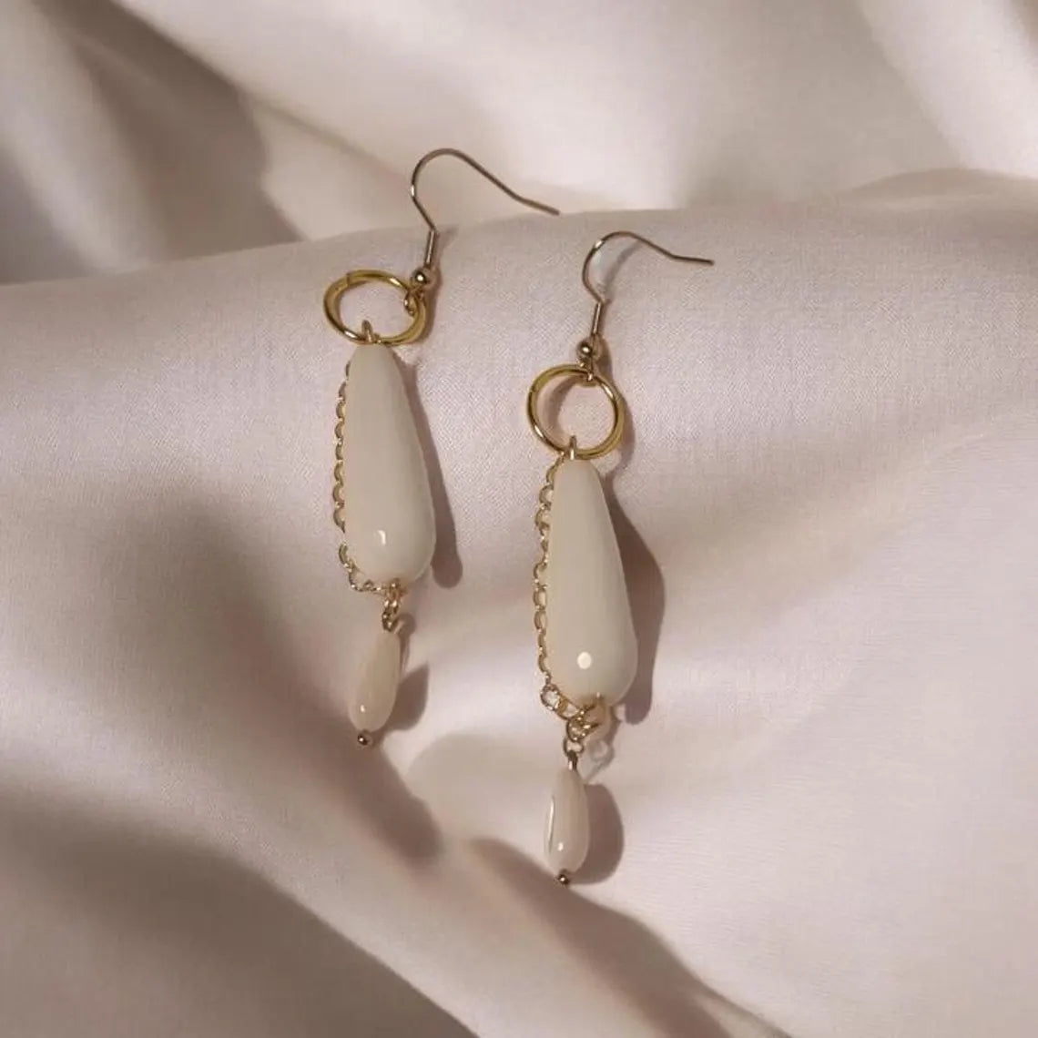 White Jade Earrings, Mother of Pearl Dangle Earrings, Teardrop Earrings, Bridal Earrings, Gemstone Jewelry, Drop Earrings for Women