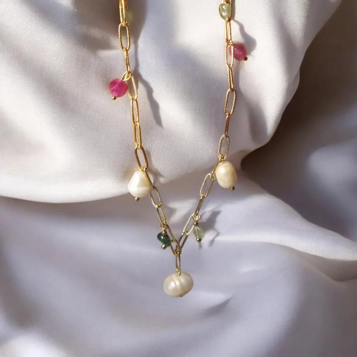 Freshwater Pearls and Tourmaline Necklace, Multi-Gemstone Necklace, 14k Gold Plated Necklace, Layering Necklace, Natural Gemstone Jewelry