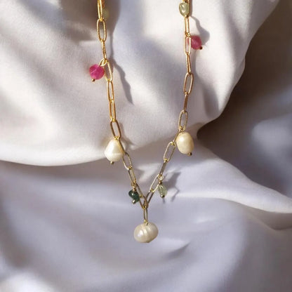 Freshwater Pearls and Tourmaline Necklace, Multi-Gemstone Necklace, 14k Gold Plated Necklace, Layering Necklace, Natural Gemstone Jewelry