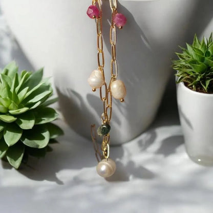 Freshwater Pearls and Tourmaline Necklace, Multi-Gemstone Necklace, 14k Gold Plated Necklace, Layering Necklace, Natural Gemstone Jewelry