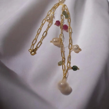 Freshwater Pearls and Tourmaline Necklace, Multi-Gemstone Necklace, 14k Gold Plated Necklace, Layering Necklace, Natural Gemstone Jewelry