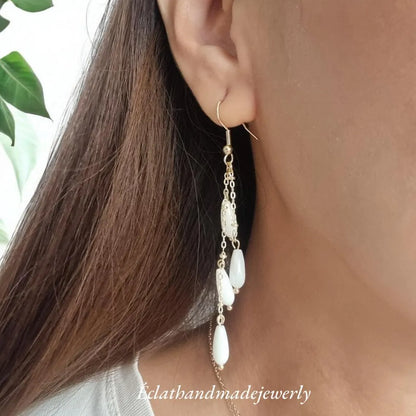 White Mother of Pearl Dangle Earrings, Pearl Drop Earrings, Gemstone Earrings, Bridal Earrings, Wedding Earrings, June Birthstone Gifts