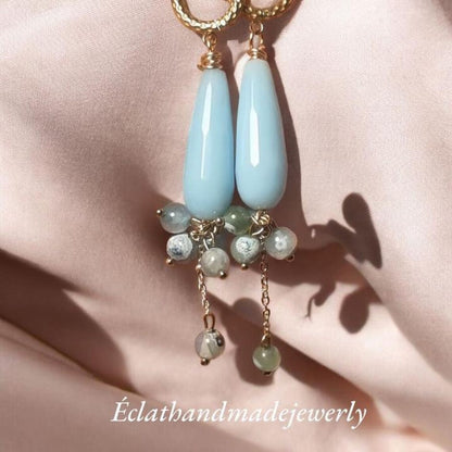 Chalcedony Jade Water Drop Earrings, Blue Fire Dragon Veins Agates Onyx Earrings, Gemstone Earrings, Bridal Earrings, Anniversary Earrings