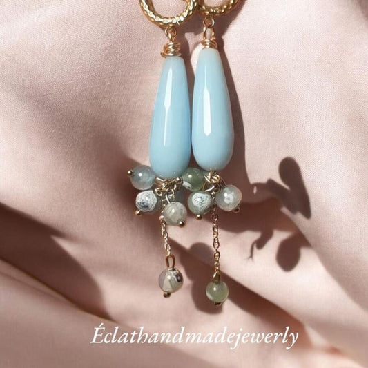 Chalcedony Jade Water Drop Earrings, Blue Fire Dragon Veins Agates Onyx Earrings, Gemstone Earrings, Bridal Earrings, Anniversary Earrings