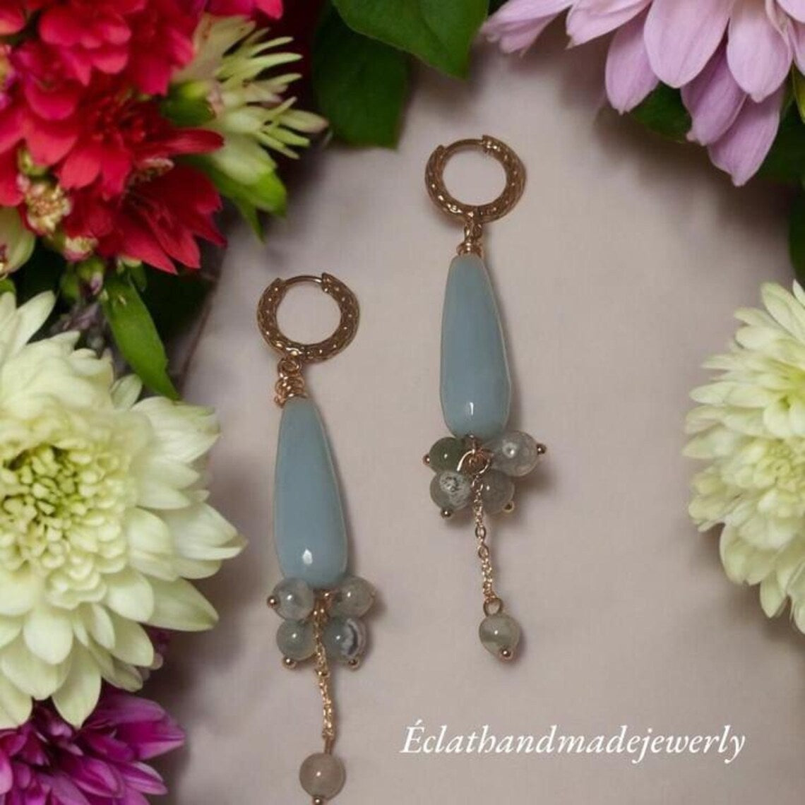 Chalcedony Jade Water Drop Earrings, Blue Fire Dragon Veins Agates Onyx Earrings, Gemstone Earrings, Bridal Earrings, Anniversary Earrings