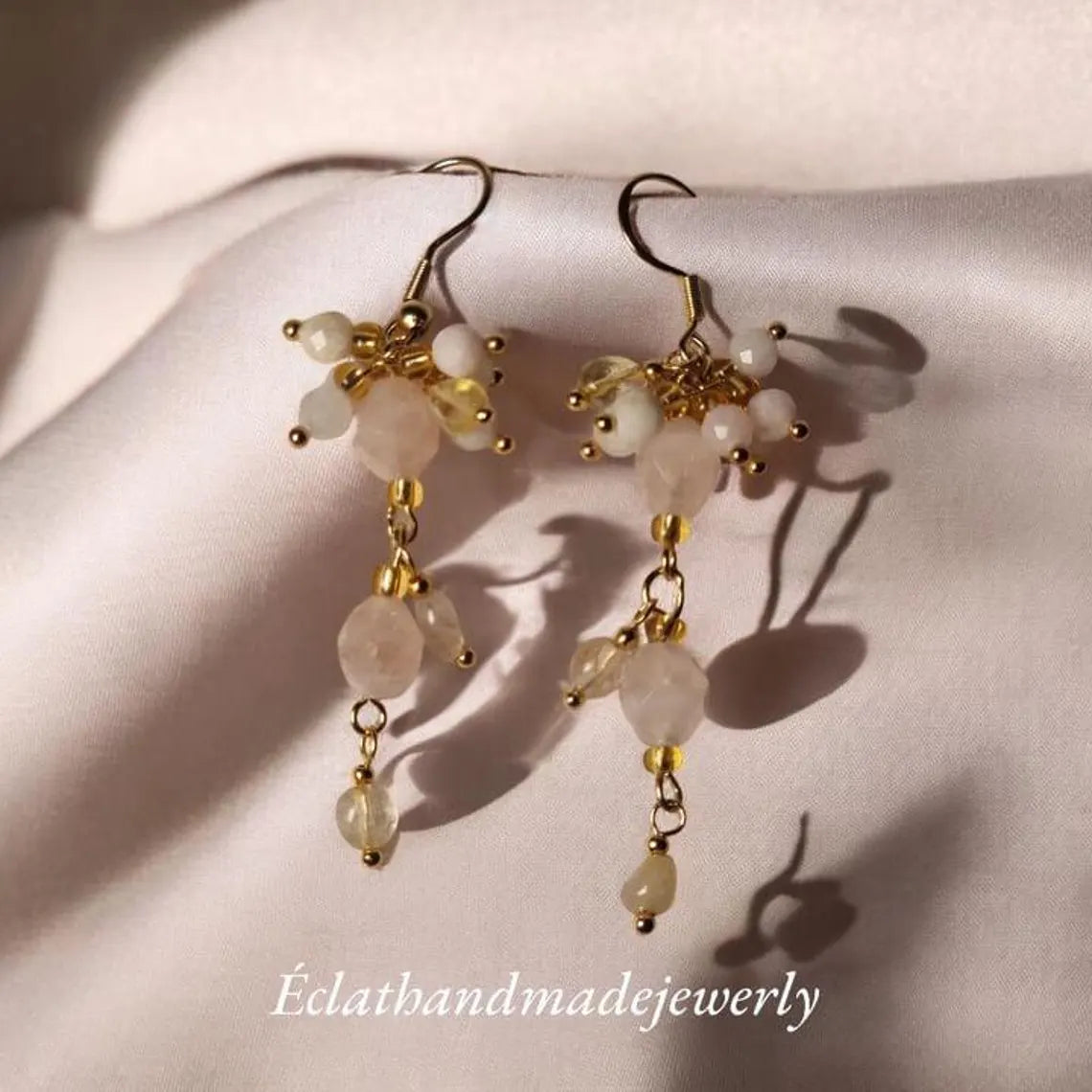 Rose Quartz and Moonstone Earrings, Gemstone Earrings, Cluster Earrings, Gold Dangle Earrings, Bridal Earrings, Wedding Earrings for Her