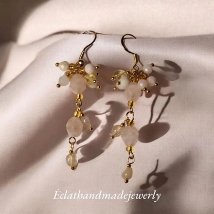 Rose Quartz and Moonstone Earrings, Gemstone Earrings, Cluster Earrings, Gold Dangle Earrings, Bridal Earrings, Wedding Earrings for Her