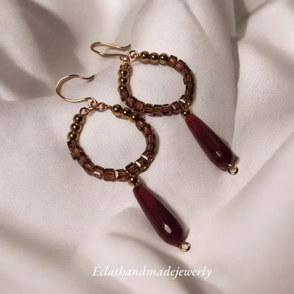 Smoky Quartz Burgundy Earrings, Crystal Glass Beaded Earrings, Statement Earrings, Gemstone Earrings, Bridal Earrings, Earrings for Women