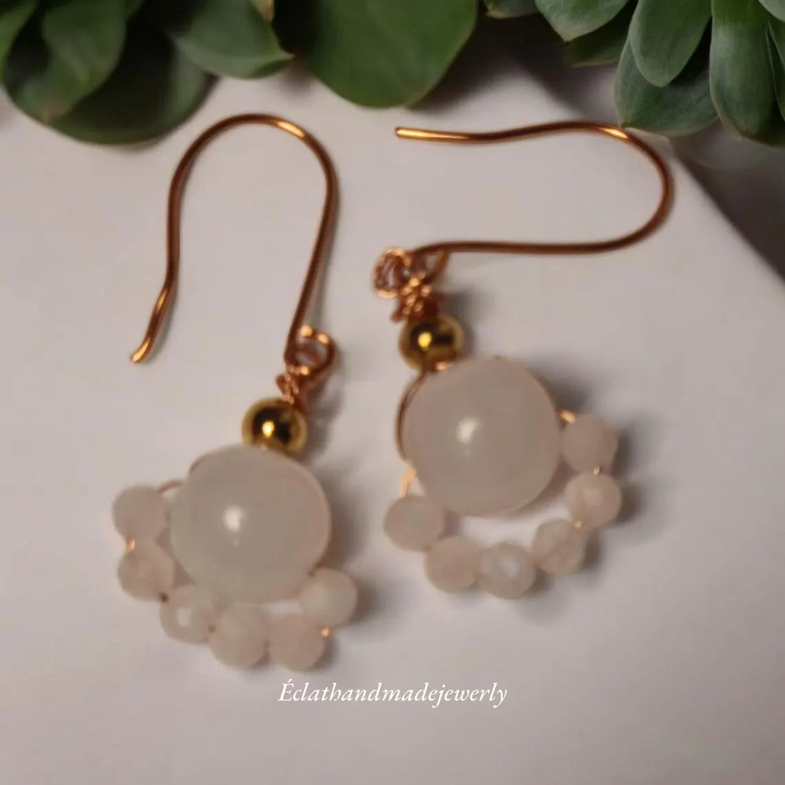 White Jade Earrings with White Moonstone, Gemstone Earrings, Beaded Earrings, Cute Earrings, Bridal Earrings, Birthday Gifts for Her