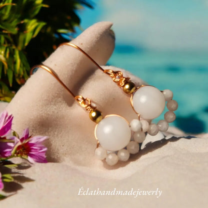 White Jade Earrings with White Moonstone, Gemstone Earrings, Beaded Earrings, Cute Earrings, Bridal Earrings, Birthday Gifts for Her
