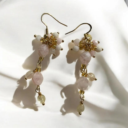 Rose Quartz and Moonstone Earrings, Gemstone Earrings, Cluster Earrings, Gold Dangle Earrings, Bridal Earrings, Wedding Earrings for Her