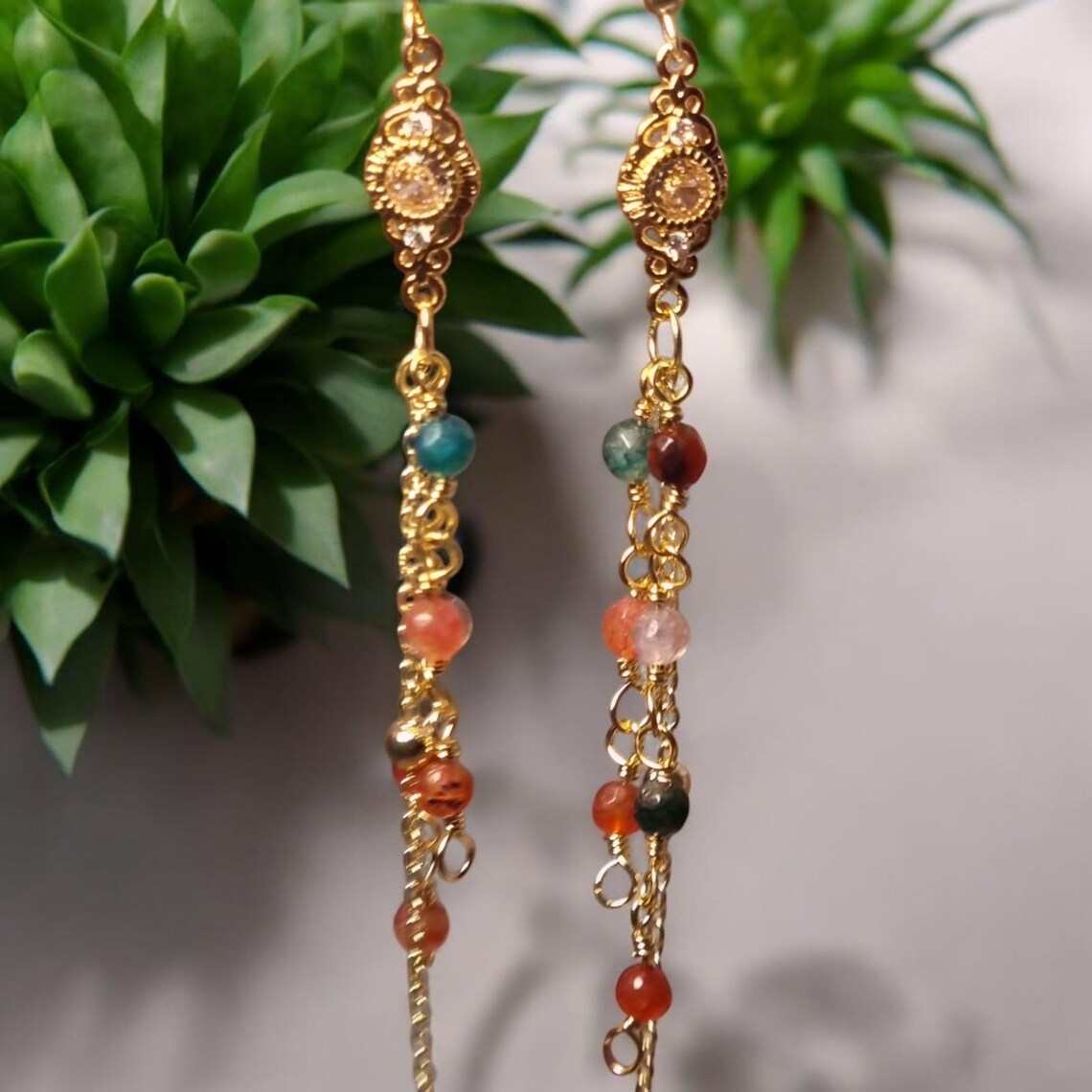 Multicolor Long Cascade Earrings, Gemstone Earrings, Earthy Greens, and Red Stone Earrings, Dangle Drop Earrings, 14k Gold Plated Earrings
