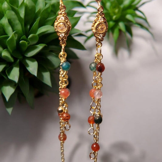 Multicolor Long Cascade Earrings, Gemstone Earrings, Earthy Greens, and Red Stone Earrings, Dangle Drop Earrings, 14k Gold Plated Earrings