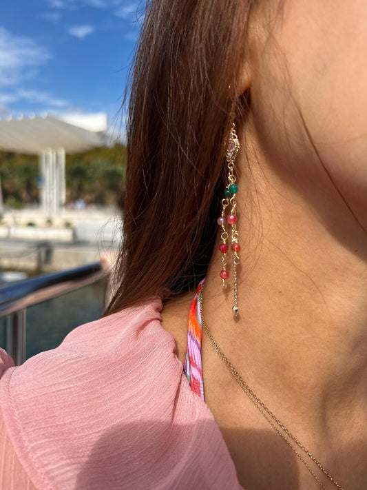 Multicolor Long Cascade Earrings, Gemstone Earrings, Earthy Greens, and Red Stone Earrings, Dangle Drop Earrings, 14k Gold Plated Earrings