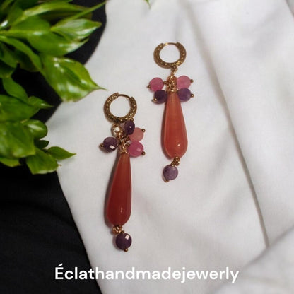 Long Red and Pink Chaceldory Jade Earrings, Amethyst Earrings, Boho Dangle Earrings, Gemstone Earrings, Bridal Earrings, Wedding Earring