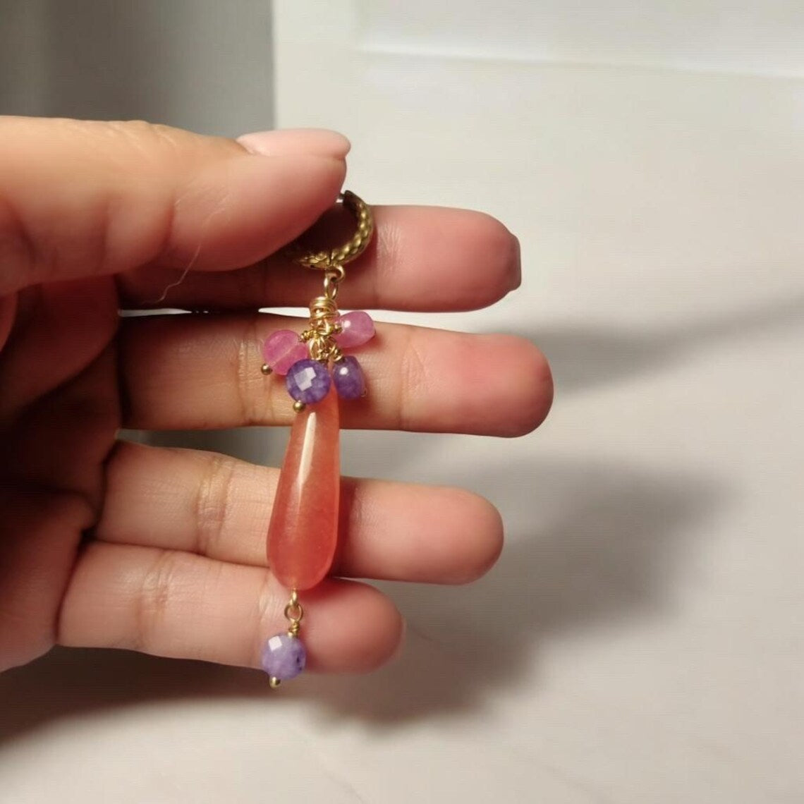 Long Red and Pink Chaceldory Jade Earrings, Amethyst Earrings, Boho Dangle Earrings, Gemstone Earrings, Bridal Earrings, Wedding Earring