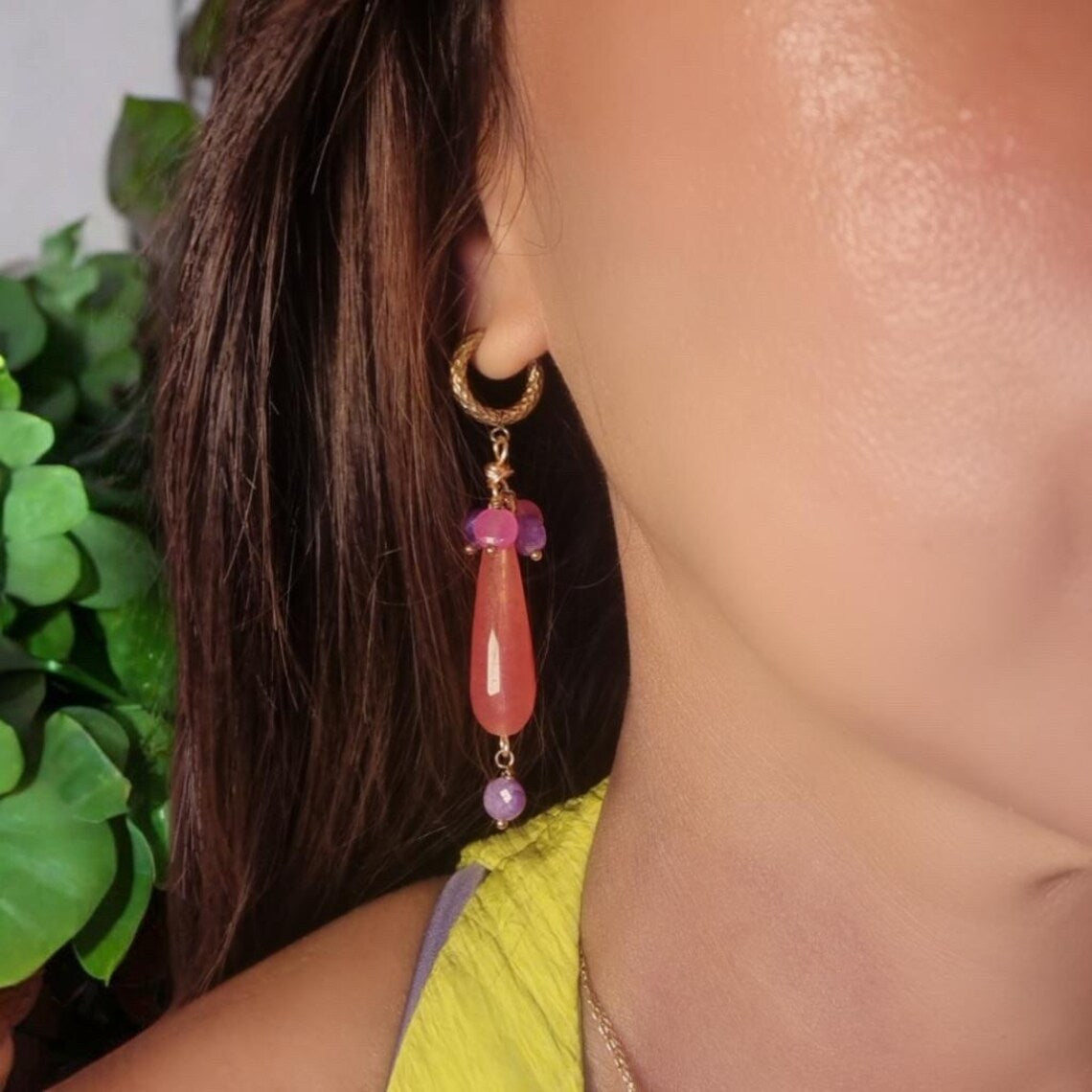 Long Red and Pink Chaceldory Jade Earrings, Amethyst Earrings, Boho Dangle Earrings, Gemstone Earrings, Bridal Earrings, Wedding Earring