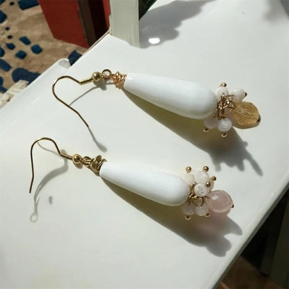 White Jade Earrings, Teardrop Earrings, Rose Quartz Earrings, Citrine, and Moonstone Earrings, Bridal Earrings, Wedding Earrings for Women