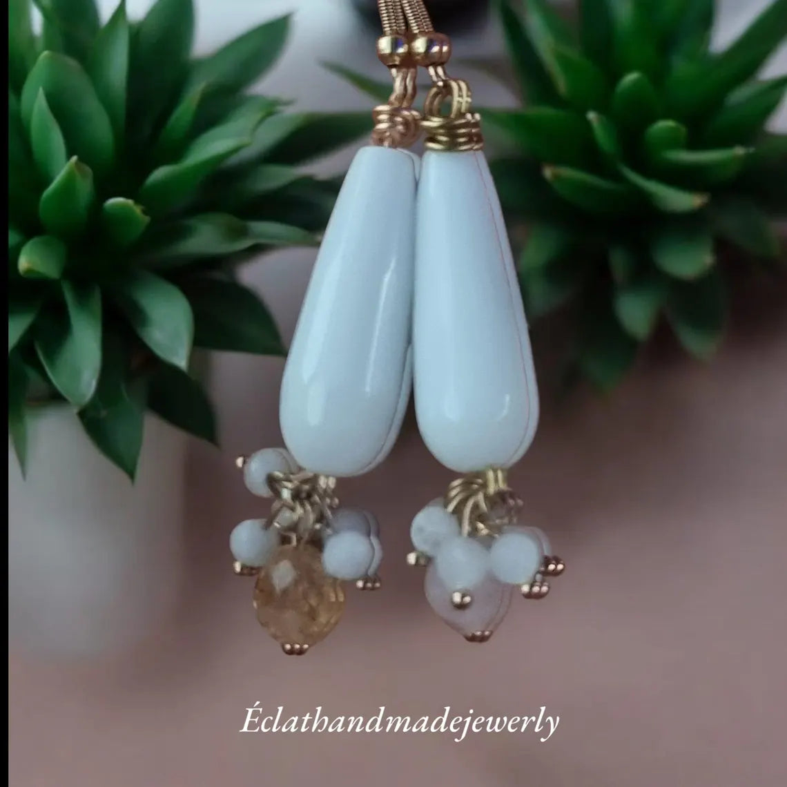White Jade Earrings, Teardrop Earrings, Rose Quartz Earrings, Citrine, and Moonstone Earrings, Bridal Earrings, Wedding Earrings for Women