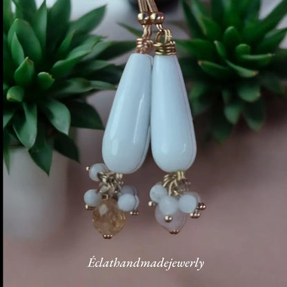 White Jade Earrings, Teardrop Earrings, Rose Quartz Earrings, Citrine, and Moonstone Earrings, Bridal Earrings, Wedding Earrings for Women
