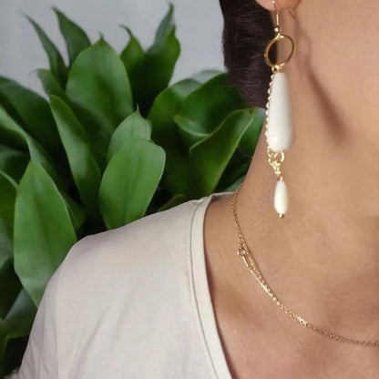 White Jade Earrings, Mother of Pearl Dangle Earrings, Teardrop Earrings, Bridal Earrings, Gemstone Jewelry, Drop Earrings for Women