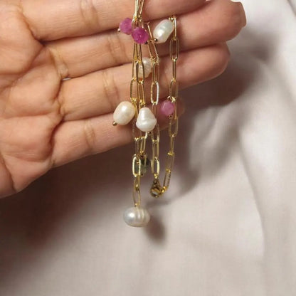 Freshwater Pearls and Tourmaline Necklace, Multi-Gemstone Necklace, 14k Gold Plated Necklace, Layering Necklace, Natural Gemstone Jewelry