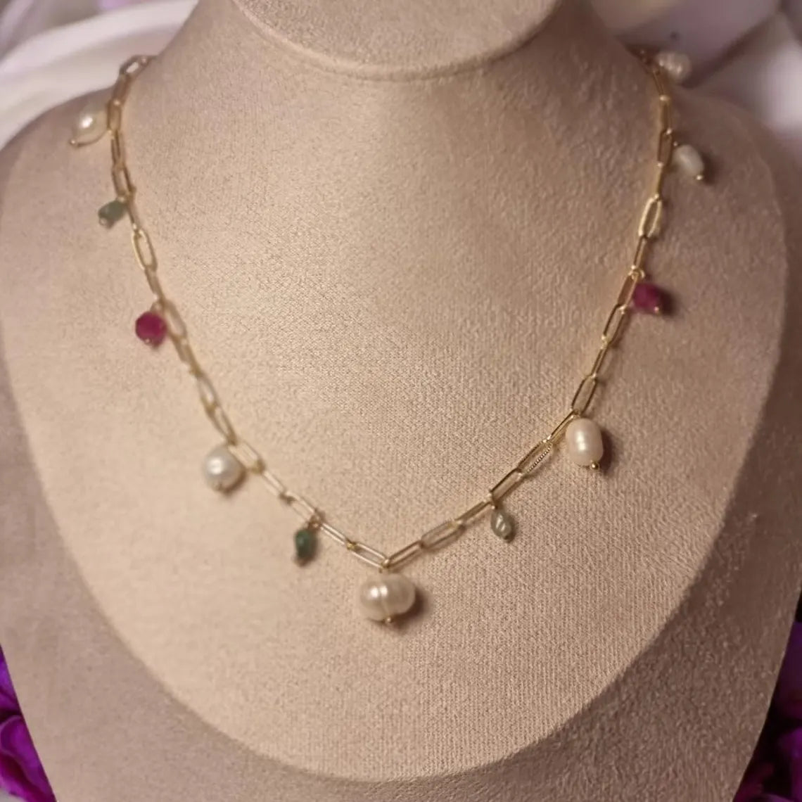 Freshwater Pearls and Tourmaline Necklace, Multi-Gemstone Necklace, 14k Gold Plated Necklace, Layering Necklace, Natural Gemstone Jewelry