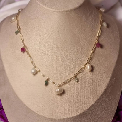Freshwater Pearls and Tourmaline Necklace, Multi-Gemstone Necklace, 14k Gold Plated Necklace, Layering Necklace, Natural Gemstone Jewelry