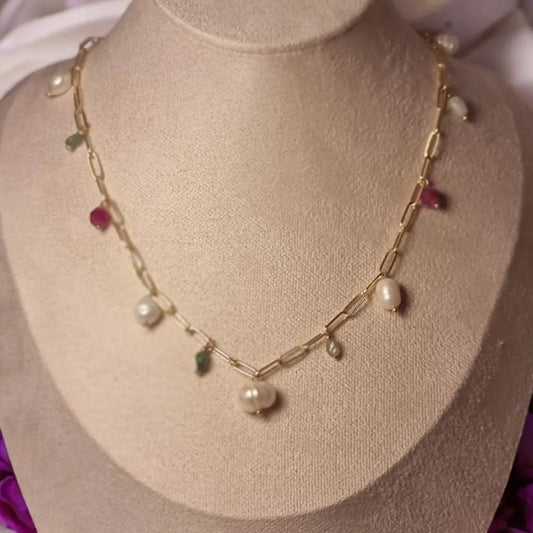 Freshwater Pearls and Tourmaline Necklace, Multi-Gemstone Necklace, 14k Gold Plated Necklace, Layering Necklace, Natural Gemstone Jewelry
