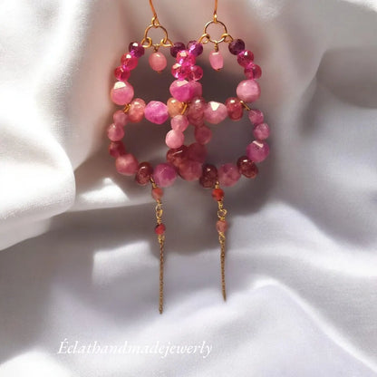 Pink Tourmaline Earrings, Tourmaline Stone Earrings, 18k Gold Plated Hoop Earrings, Gemstone Earrings, October Birthstone Earrings for Her