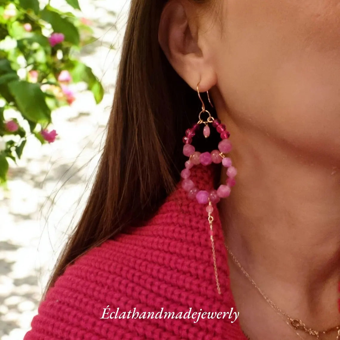 Pink Tourmaline Earrings, Tourmaline Stone Earrings, 18k Gold Plated Hoop Earrings, Gemstone Earrings, October Birthstone Earrings for Her