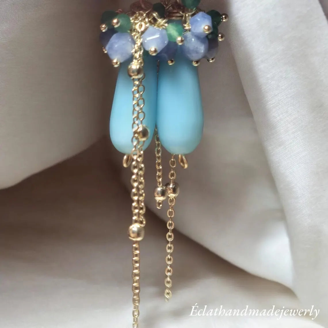 Blue Chalcedony Earrings, Chalcedony Gemstone Earrings, 14k Gold Teardrop Earrings, Green Aventurine Earrings, Tourmaline Cluster Earrings